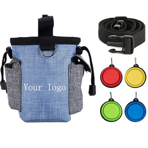 Custom logo pet food carrier waist bag training dog treat pouch bag with silicone bowls