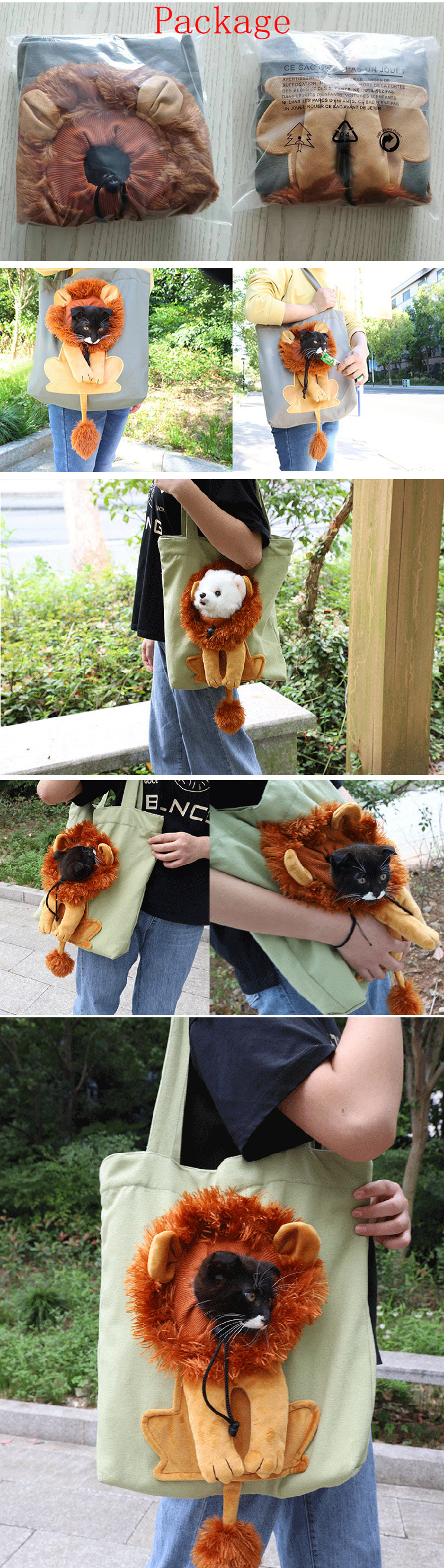 Hot sale cute lion shape shoulder pet canvas bag travel portable small cat bag pet carrier