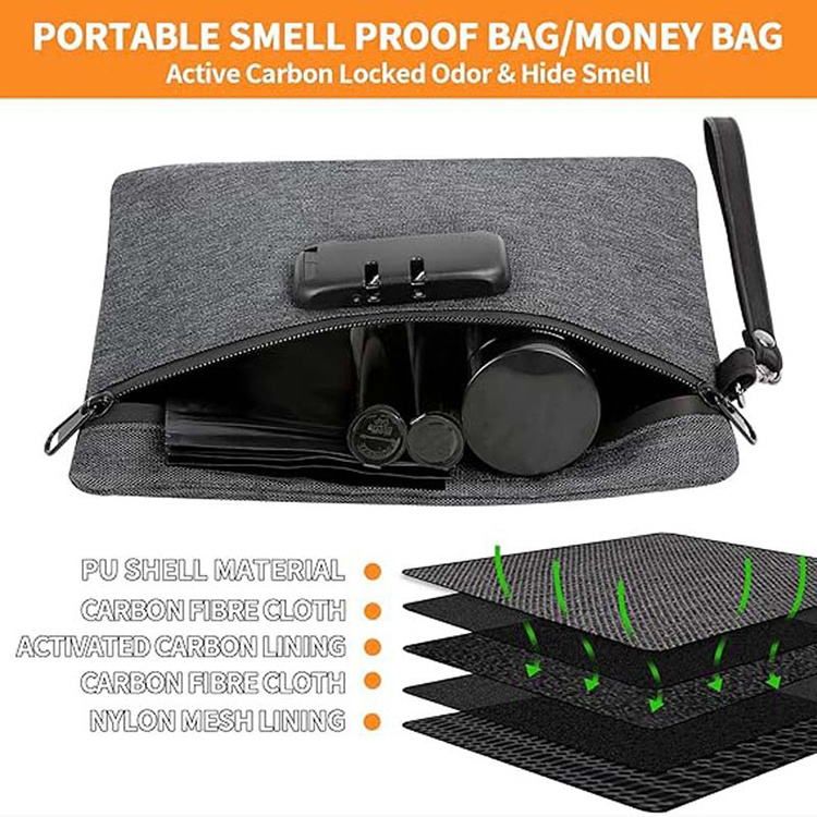 Wholesale activated carbon fiber tobacco odor deodorant pouch smell proof bags for travel lock custom smell proof bags