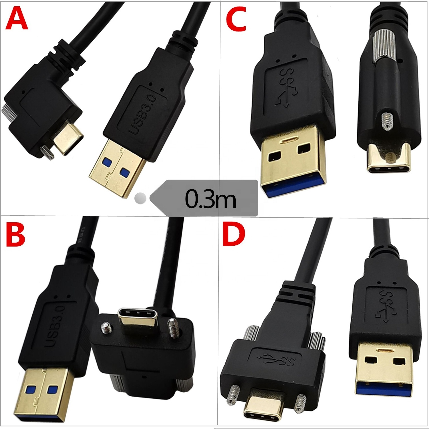 0.3m Type C to USB 3.0 A Screw Locking Cable USB-C Male to USB A Male cable for Industry Camera