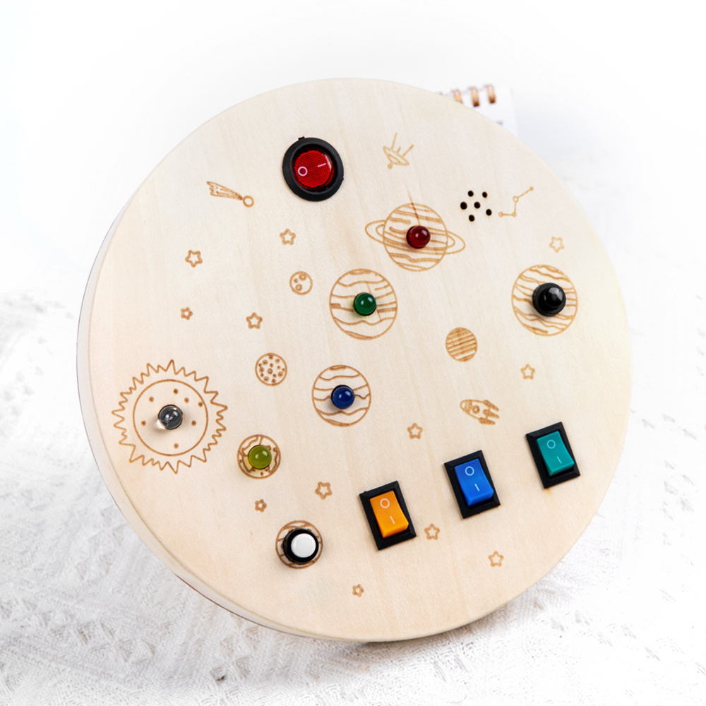 KS Montessori Educational Sensory Toys Round Wooden Busy Board with LED Light and Toggle Switch