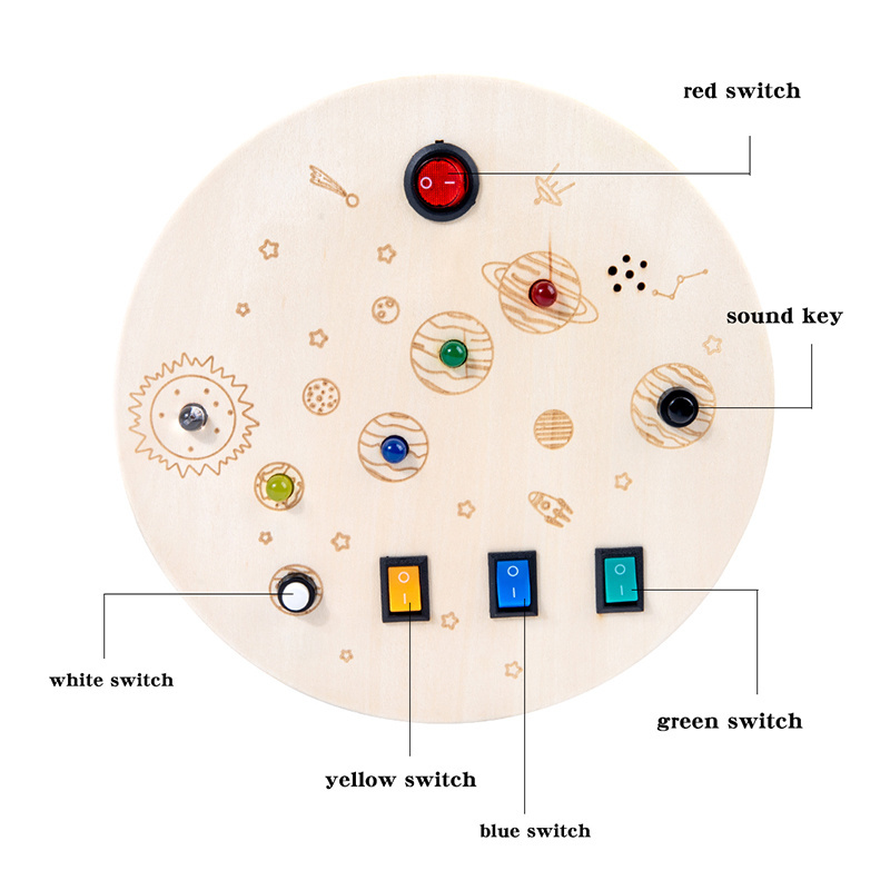 KS Montessori Educational Sensory Toys Round Wooden Busy Board with LED Light and Toggle Switch