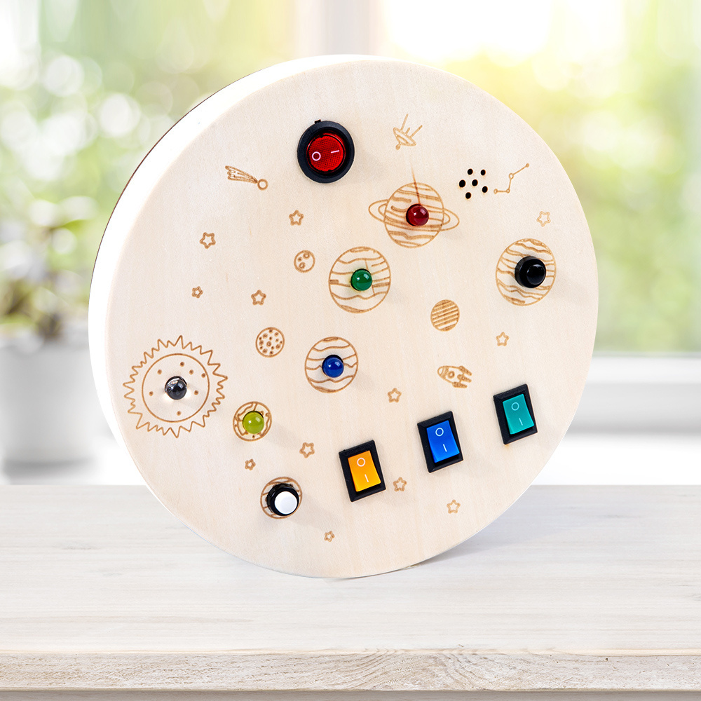 KS Montessori Educational Sensory Toys Round Wooden Busy Board with LED Light and Toggle Switch