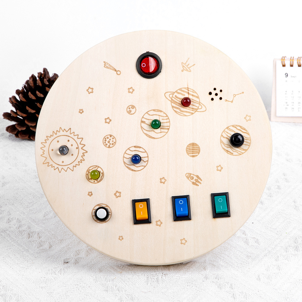 KS Montessori Educational Sensory Toys Round Wooden Busy Board with LED Light and Toggle Switch