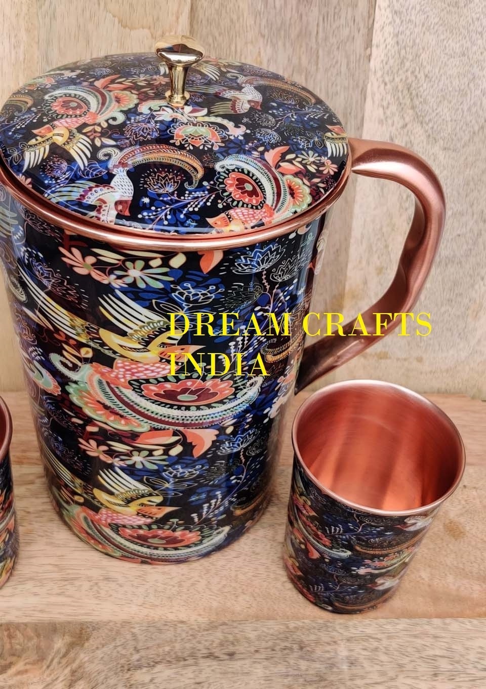 Meena Printed Jug Set 100% Pure Copper Food Grade handmade 1500ml Mosco Mule Glass and Water Pitcher for Table Decor Gifting