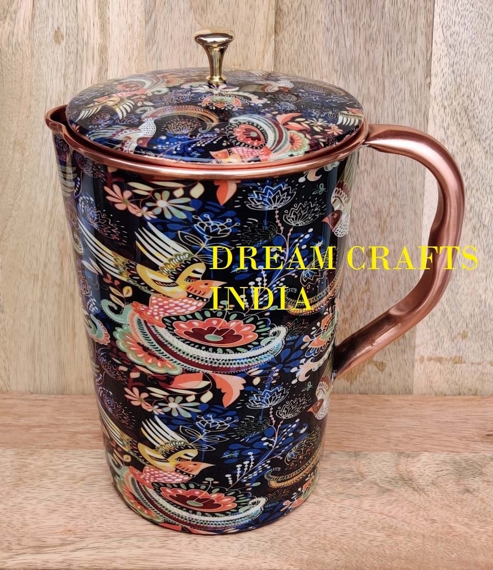 Meena Printed Jug Set 100% Pure Copper Food Grade handmade 1500ml Mosco Mule Glass and Water Pitcher for Table Decor Gifting