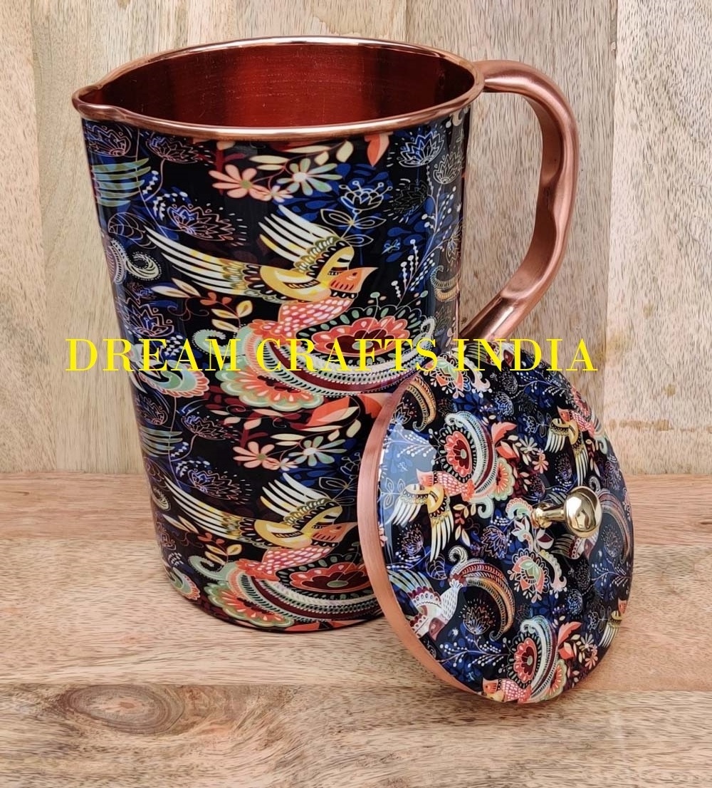 Meena Printed Jug Set 100% Pure Copper Food Grade handmade 1500ml Mosco Mule Glass and Water Pitcher for Table Decor Gifting