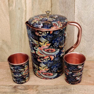 Meena Printed Jug Set 100% Pure Copper Food Grade handmade 1500ml Mosco Mule Glass and Water Pitcher for Table Decor Gifting