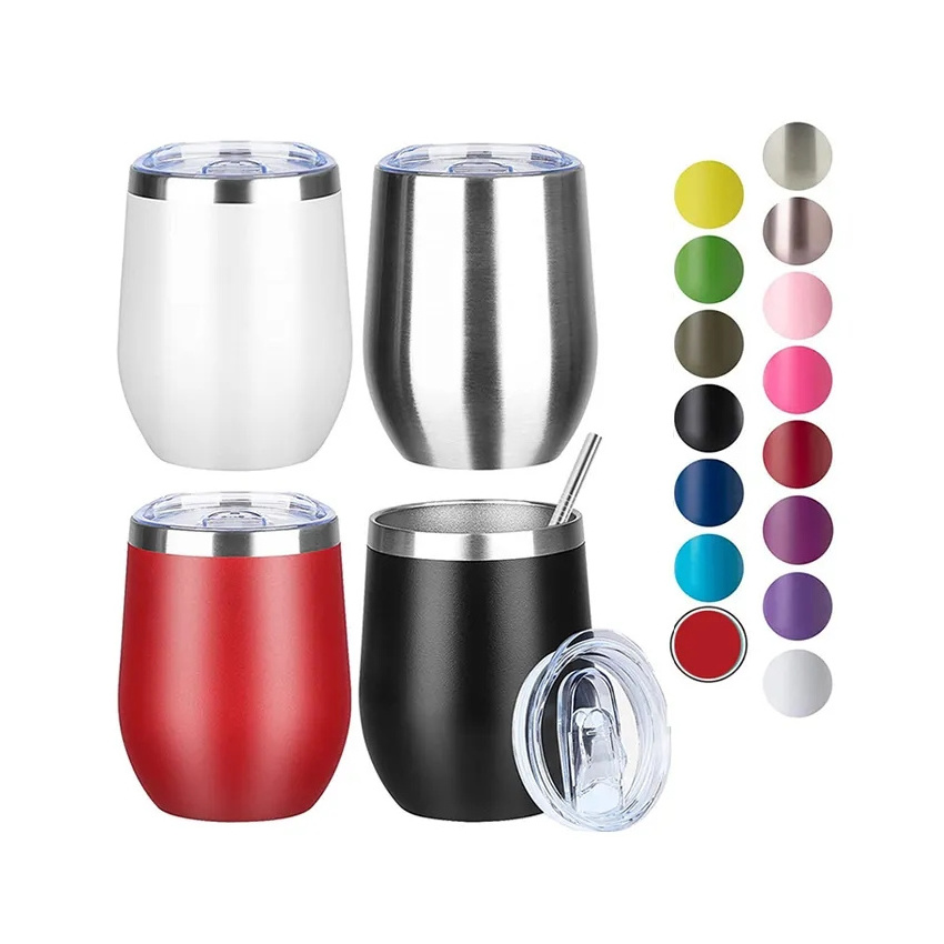 Powder coated color double wall stainless steel egg shape wine tumblers 12oz Unbrakable Stemless Wine Glass