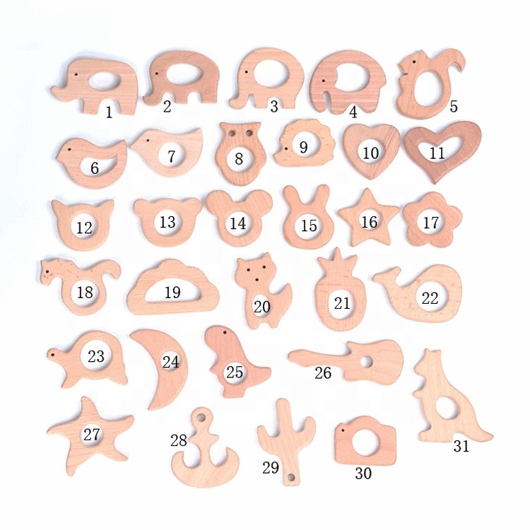 High quality unfinished natural wood carved animals shape baby wooden teether toy