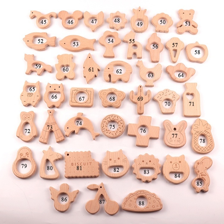 High quality unfinished natural wood carved animals shape baby wooden teether toy