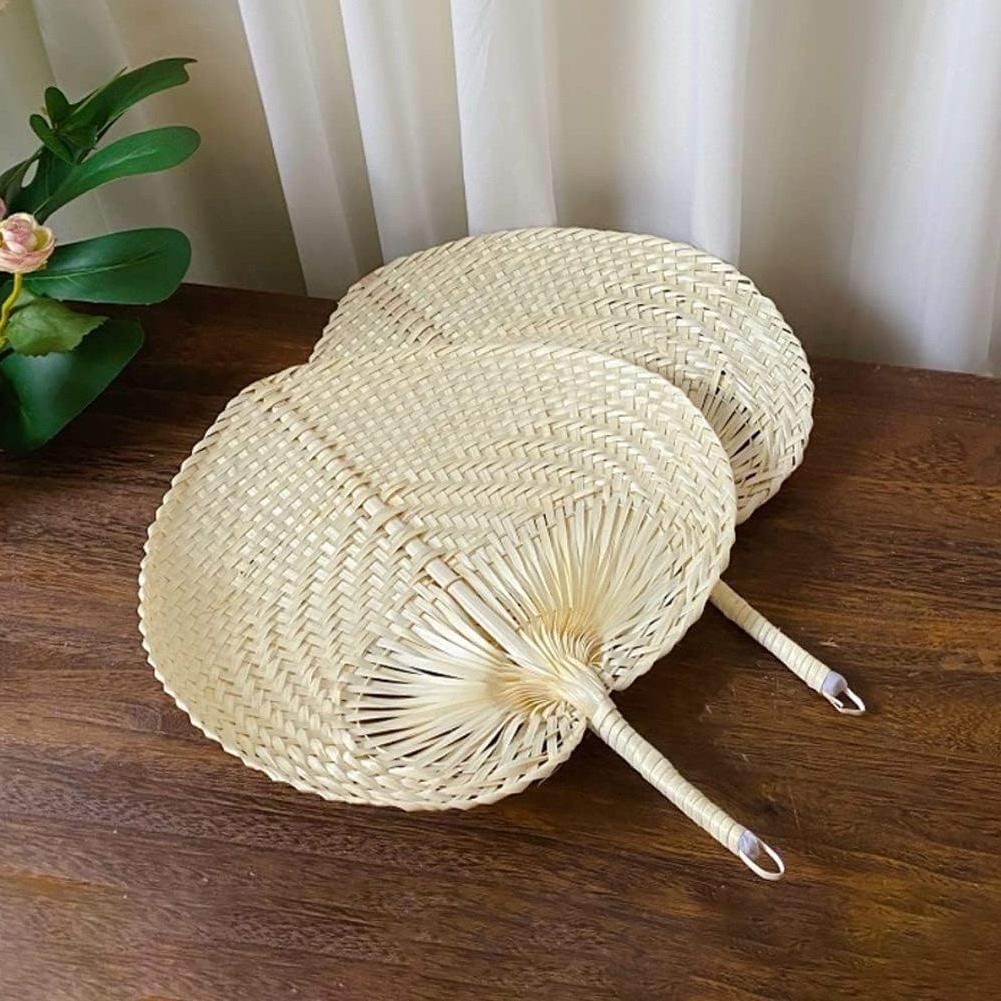 Natural Color Personalized Wholesale Bamboo Customize Raffia Summer Hand Palm Leaf Straw Cane Rattan Woven Fans