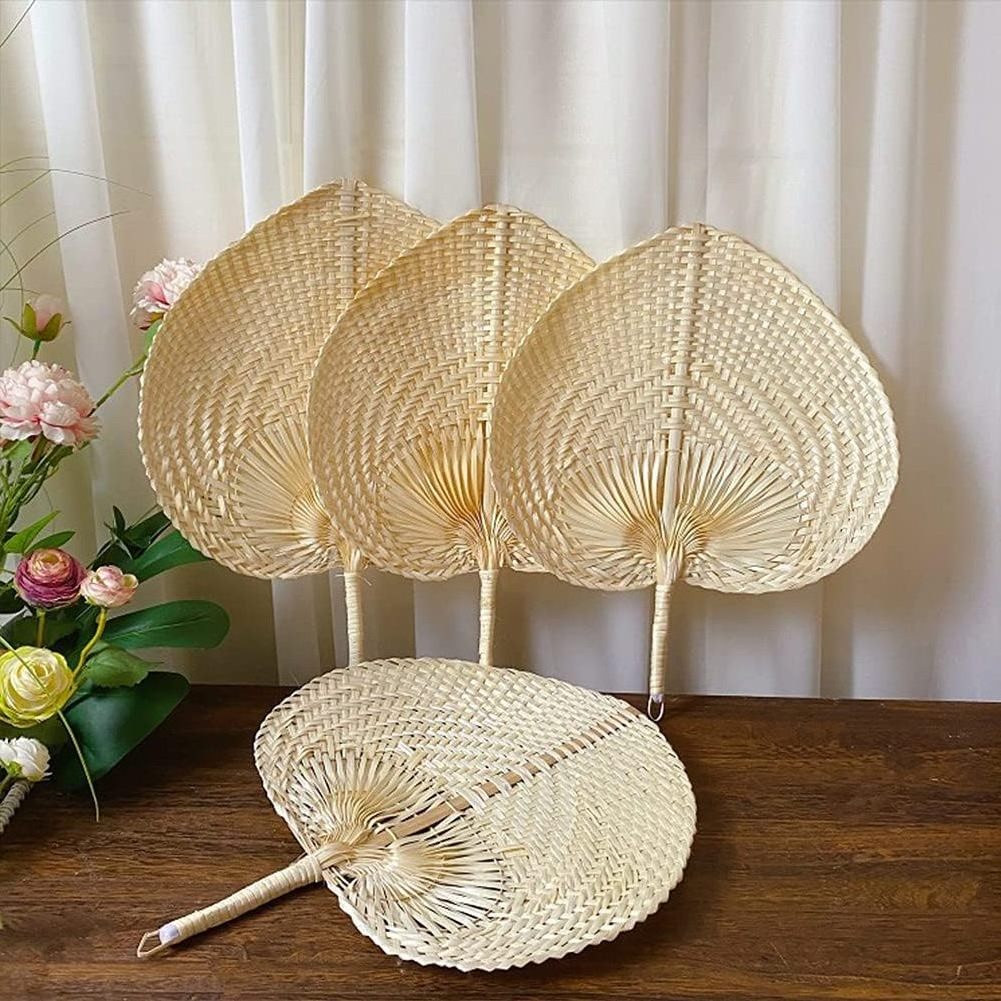 Natural Color Personalized Wholesale Bamboo Customize Raffia Summer Hand Palm Leaf Straw Cane Rattan Woven Fans