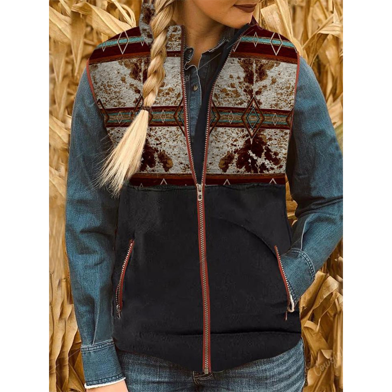 Women's Retro Ethnic Style Zipper Cardigan Western Aztec Vest