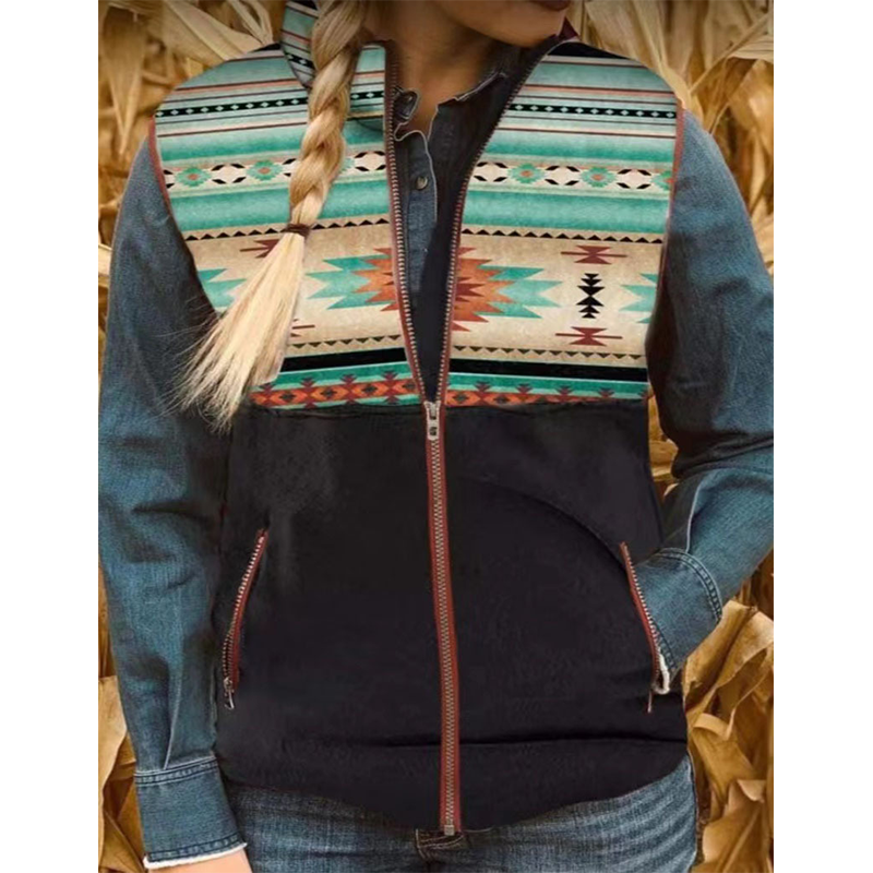 Women's Retro Ethnic Style Zipper Cardigan Western Aztec Vest