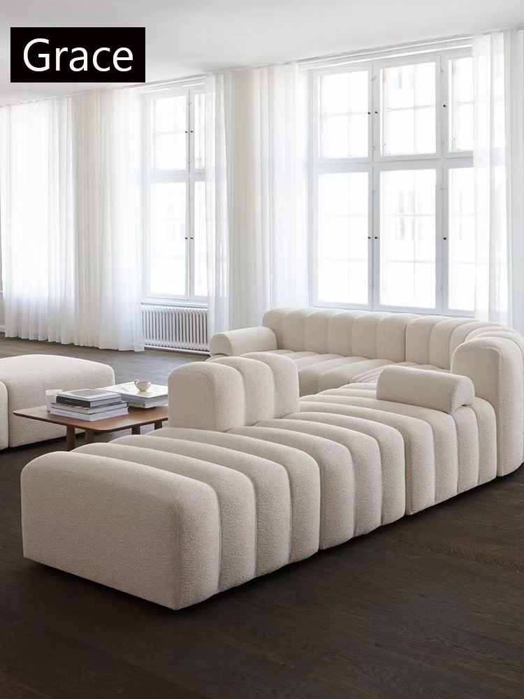 Italian modular sofa Light creme Creme fabric piano keys sofa Milk white lamb wool sofa