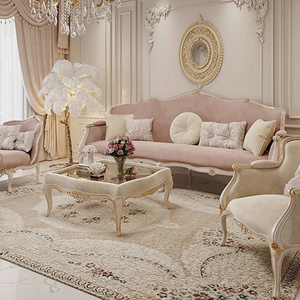 Three seats  French light luxury sofa Solid wood carved fabric combination sofa Luxury villa European luxury couch