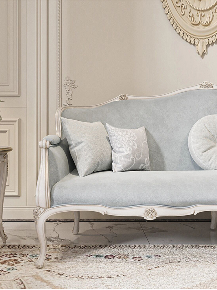 Three seats  French light luxury sofa Solid wood carved fabric combination sofa Luxury villa European luxury couch