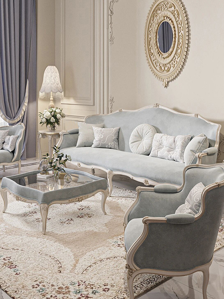 Three seats  French light luxury sofa Solid wood carved fabric combination sofa Luxury villa European luxury couch