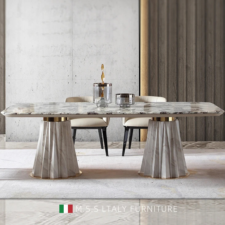 1.8M Italian high-end modern light luxury natural marble dining table Large American dining table and chair combination