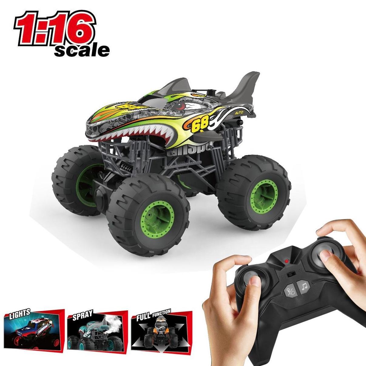 1/16 Scale RC Stunt Drift Dinosaurs Monster Truck Mist Spray Full Function off Road Shark Shape Car with Musical Light