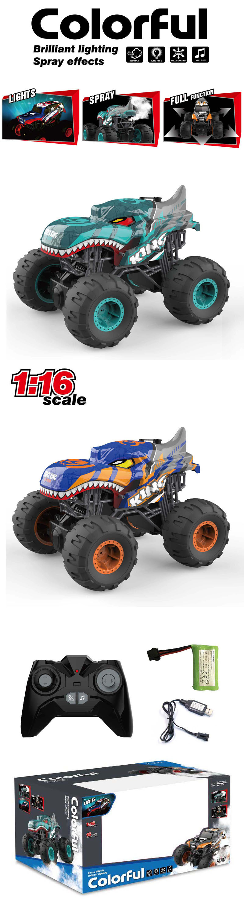 1/16 Scale RC Stunt Drift Dinosaurs Monster Truck Mist Spray Full Function off Road Shark Shape Car with Musical Light