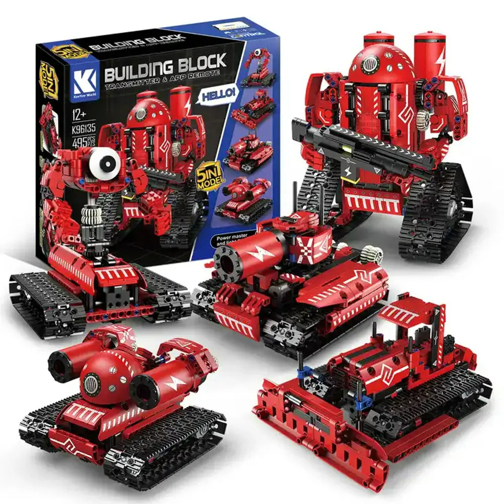 STEM Building Kit  495Pcs  Remote Control Robots 5 in 1 Building Block Set 2.4Ghz Rechargeable RC Stunt Racer Toy for Kids