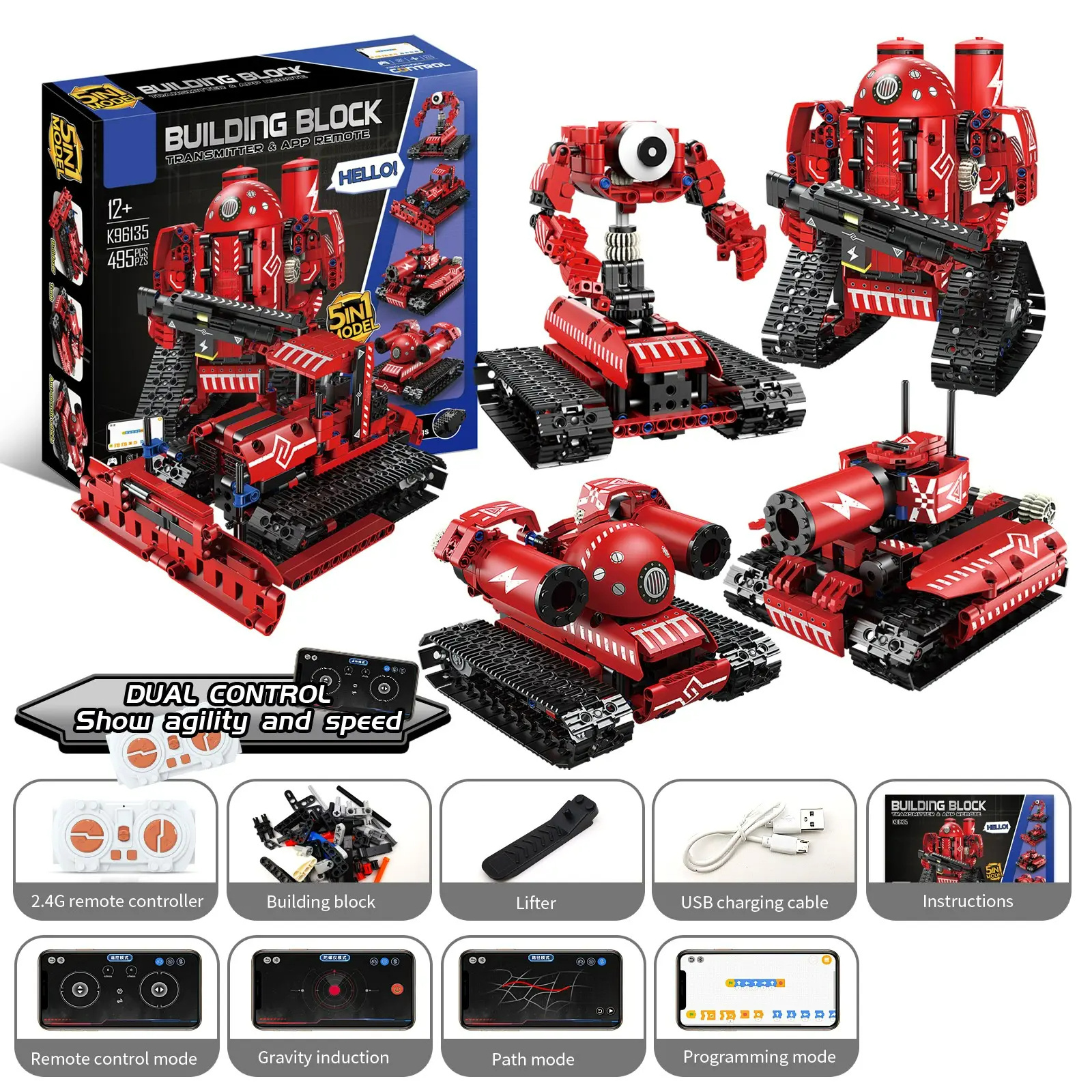 STEM Building Kit  495Pcs  Remote Control Robots 5 in 1 Building Block Set 2.4Ghz Rechargeable RC Stunt Racer Toy for Kids