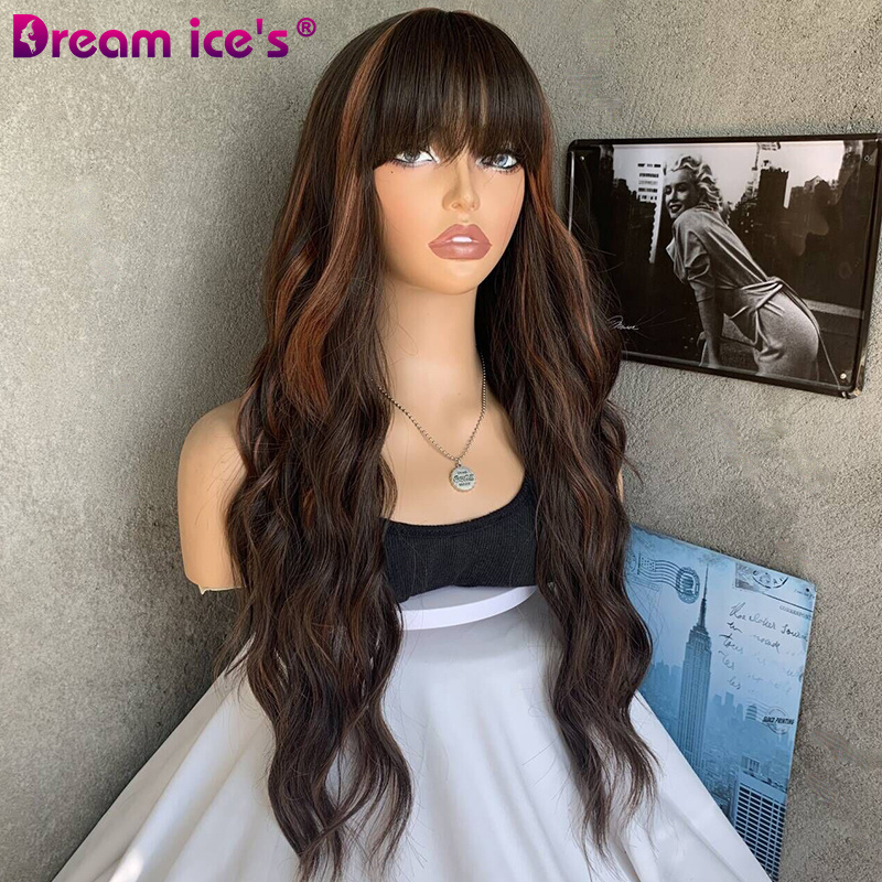 DREAM.ICE'S Wholesale Cheap High Quality Brown Color Wigs Heat Resistant Natural Wave Curly Synthetic Hair With Bangs