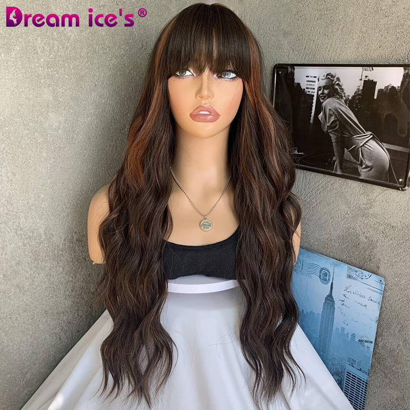 DREAM.ICE'S Wholesale Cheap High Quality Brown Color Wigs Heat Resistant Natural Wave Curly Synthetic Hair With Bangs