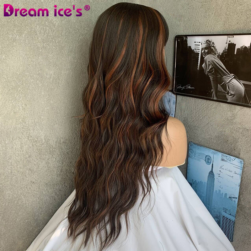 DREAM.ICE'S Wholesale Cheap High Quality Brown Color Wigs Heat Resistant Natural Wave Curly Synthetic Hair With Bangs