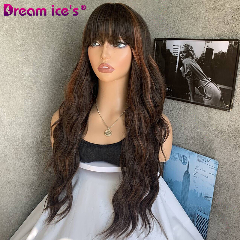 DREAM.ICE'S Wholesale Cheap High Quality Brown Color Wigs Heat Resistant Natural Wave Curly Synthetic Hair With Bangs