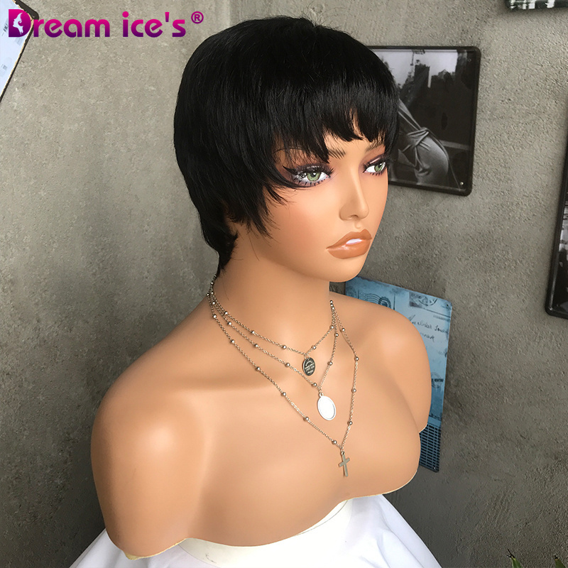 Dream.Ice's Pixie Cut Machine Made Wigs Short Human Hair Wigs for Black Women Short Straight Black Ladies Wigs 1B Burg Color