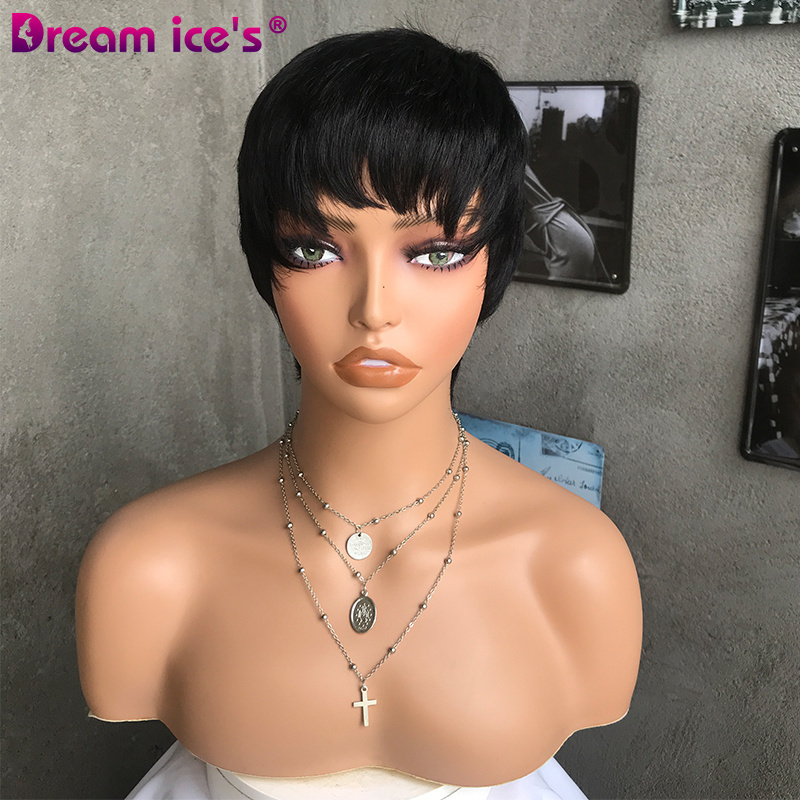 Dream.Ice's Pixie Cut Machine Made Wigs Short Human Hair Wigs for Black Women Short Straight Black Ladies Wigs 1B Burg Color