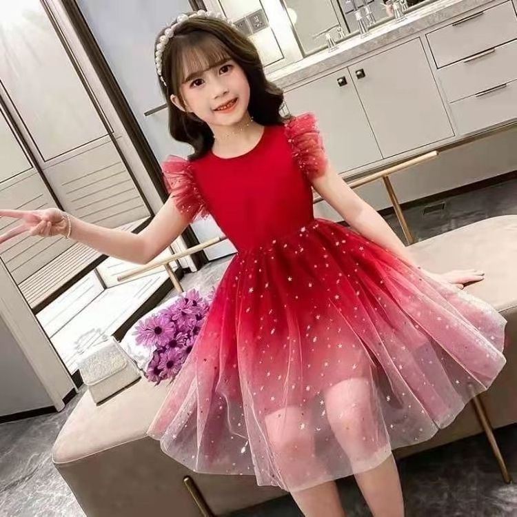 Girls' summer clothes new starry sky gradual short-sleeved dress princess skirt Peng Peng gauze skirt children's skirt