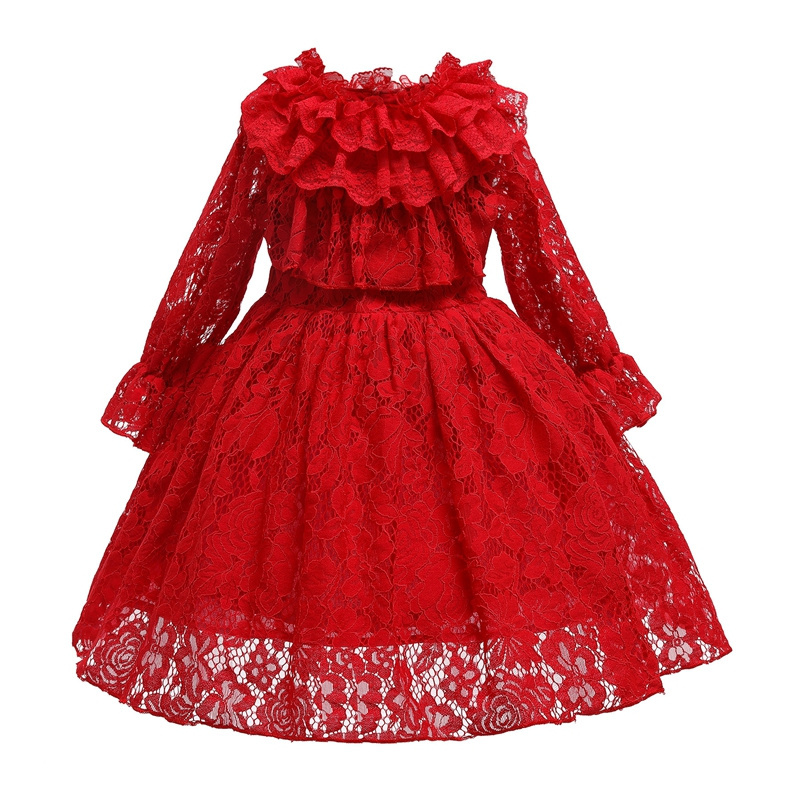 Wholesale Red Girl's Clothes Lace Prom Ball Gowns Children Clothing Party Wedding Pageant Bridesmaid Dresses for Girls Full 200