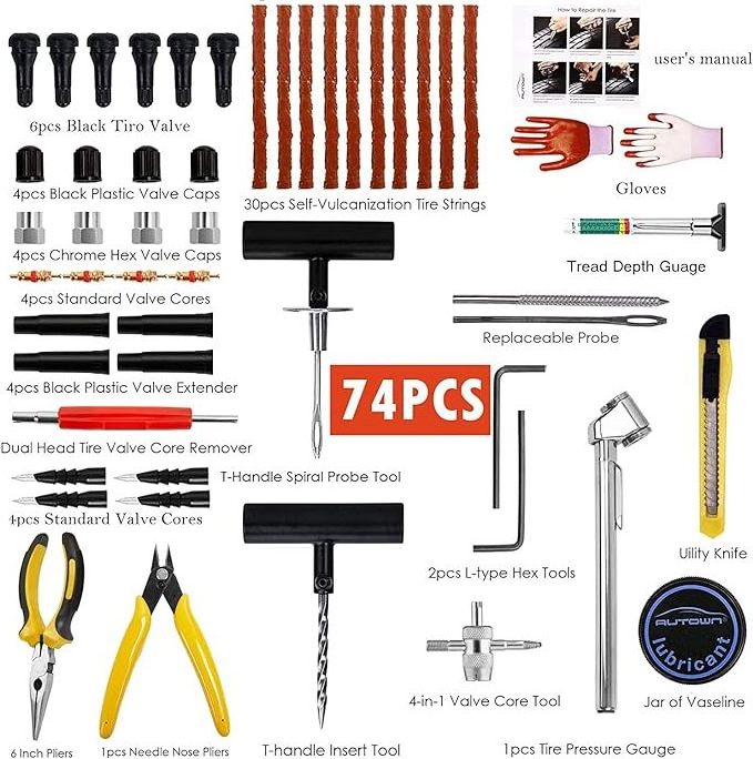 Car Repair Kit 74 Pcs Universal Tire Plug Kit Heavy Duty Repair Kit for Cars, Trucks, Motorcycles, ATV,RV,Jeep, Tractor, Trailer