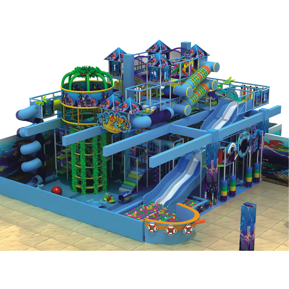 Dream kids children indoor play area ocean theme long twist slides spider tower tunnel trampoline playhouse playground equipment