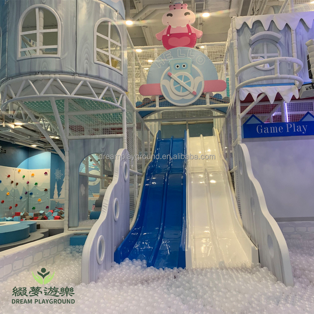 Dream kids indoor fairy tale snow kingdom castle twist slide trampoline ball pool interactive projector playground equipment