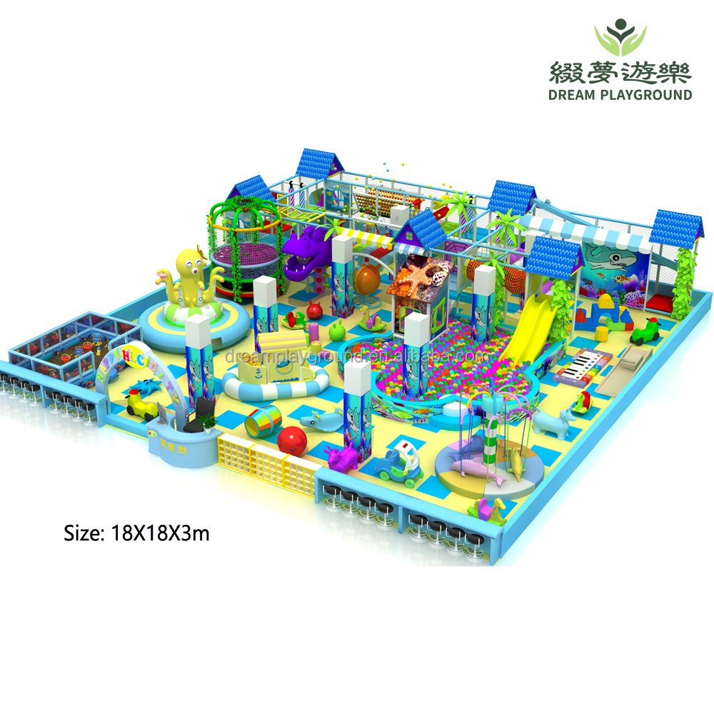 Dream kids children indoor play area ocean theme long twist slides spider tower tunnel trampoline playhouse playground equipment