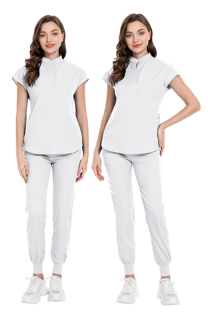 High quality fashion medical uniform scrub nurse top pants stretchy stand collar custom logo 15 solid color white nurse uniform