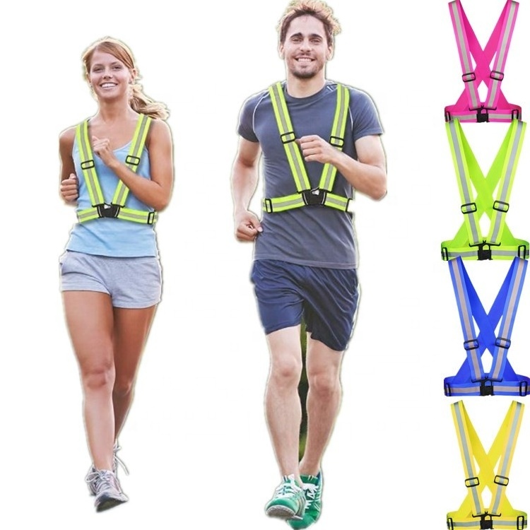 OEM Logo Custom Outdoor Night Running Riding Dog Walking Elastic Adjustable Reflective fluorescent Safety Vest Straps Gear