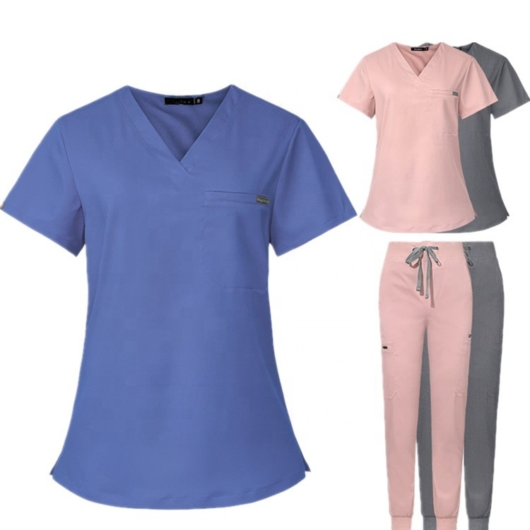 logo custom v-neck top jogger cargo pant medical surgical hospital doctor nurse workwear stretch scrub uniform scrubs set