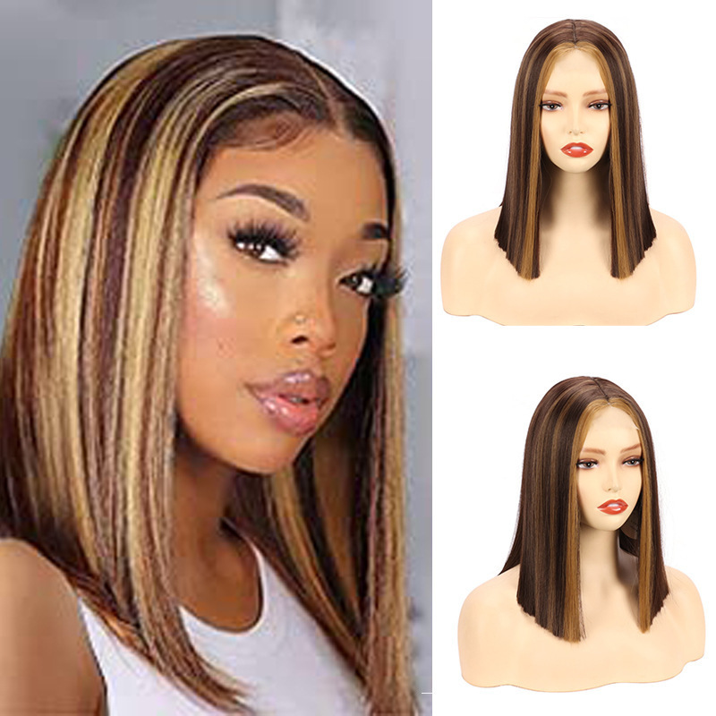 Hot Selling Piano Color Synthetic Hair Wig Little Lace Wig High Ffiber Synthetic Wig 14 Inches