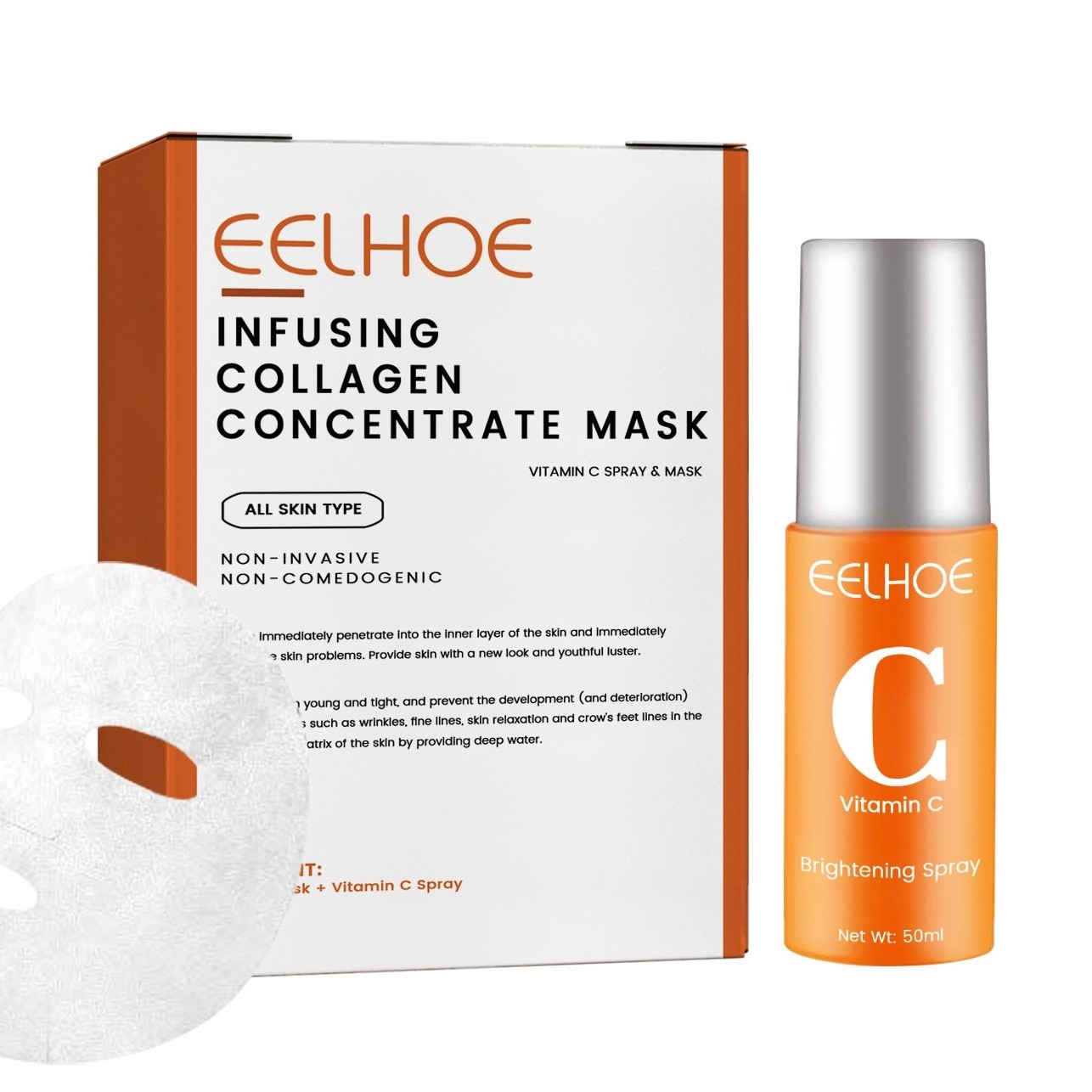 EELHOE Collagen Anti Aging Facial Mask And Spray Set Remove Dullness Brightening Skin Moisturizing Facial Mask Vitamin C Spray