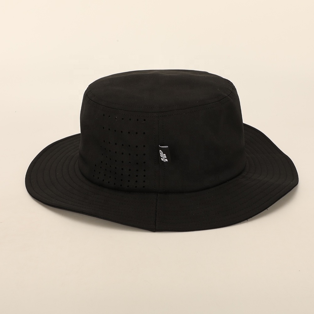 Wholesale Custom High Quality Black Polyester Printed Logo Reversible Fisherman Gorras Laser Cut Hole Sun Cap Unisex Bucket Hat