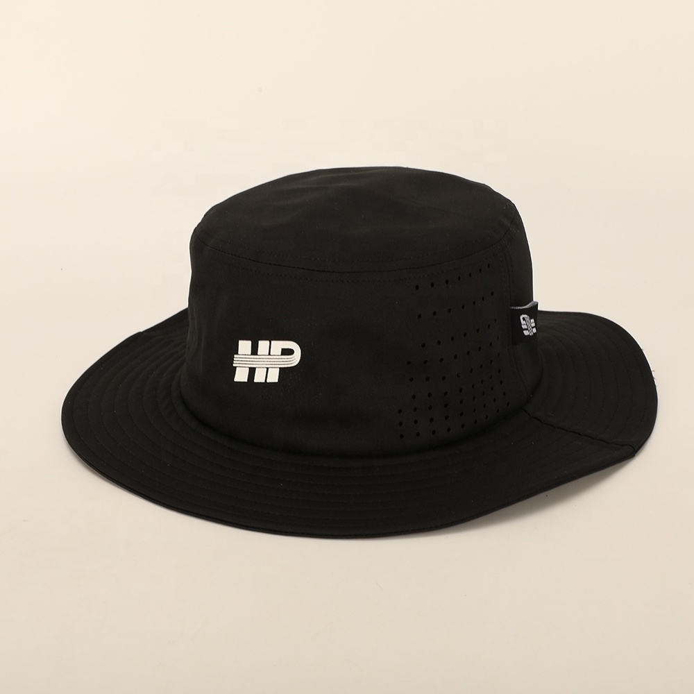 Wholesale Custom High Quality Black Polyester Printed Logo Reversible Fisherman Gorras Laser Cut Hole Sun Cap Unisex Bucket Hat