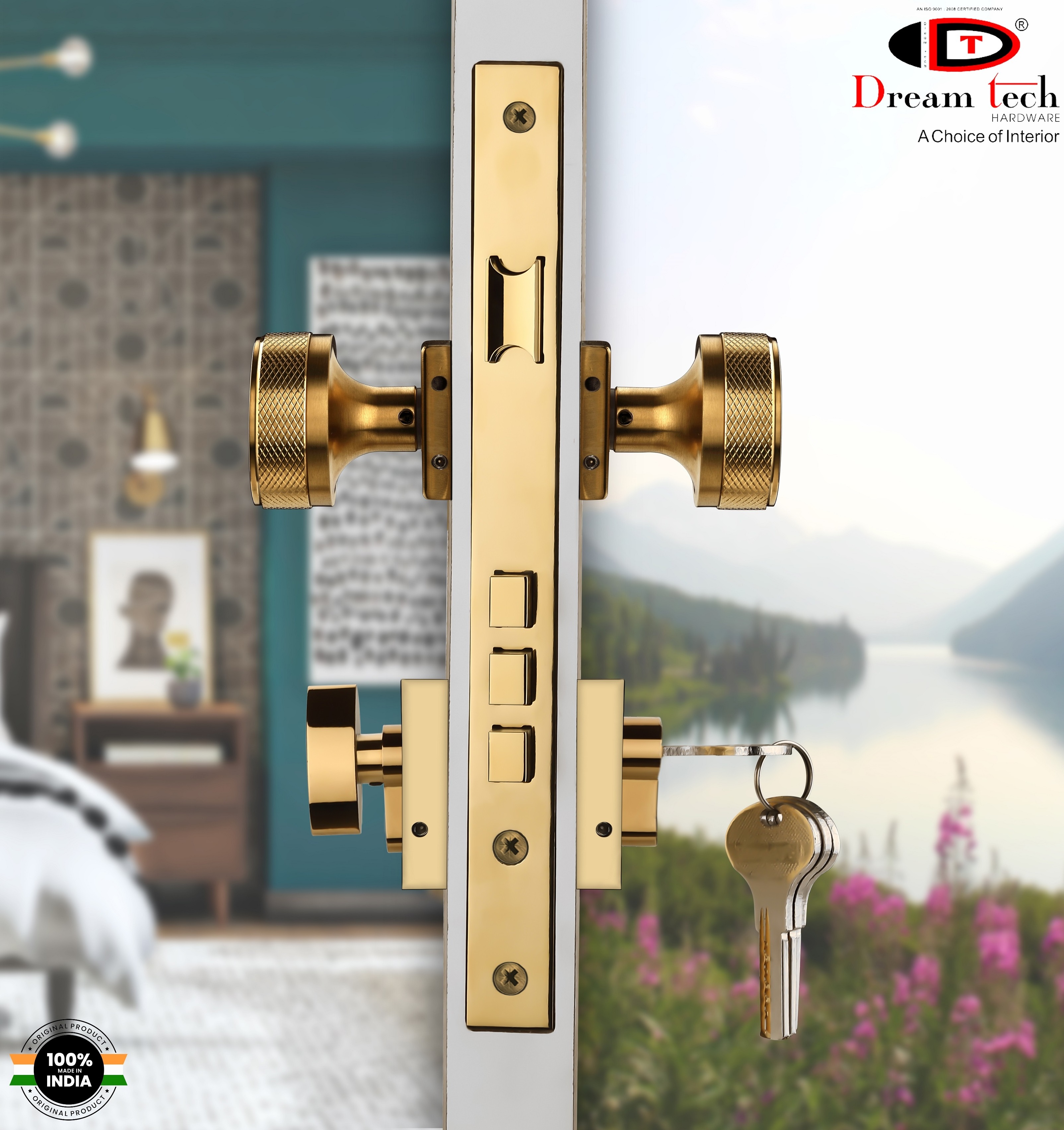 High Quality Stainless Steel Gold (PVD)Door Mortise Door Handle with Lock for Home and Office Door from India