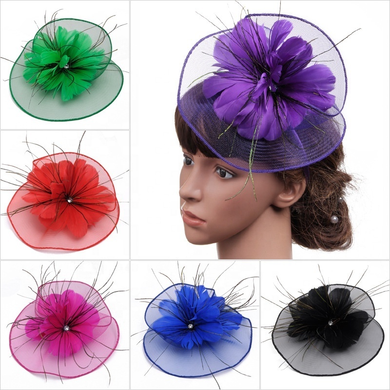 Wholesale hot sale printed flower british banquet wedding linen feather lady top hat