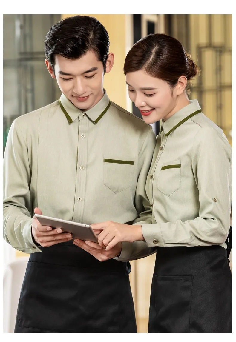 Custom logo kitchen hotel bar staff unisex long sleeve waiter waitress button-down restaurant uniform tops shirt shirts